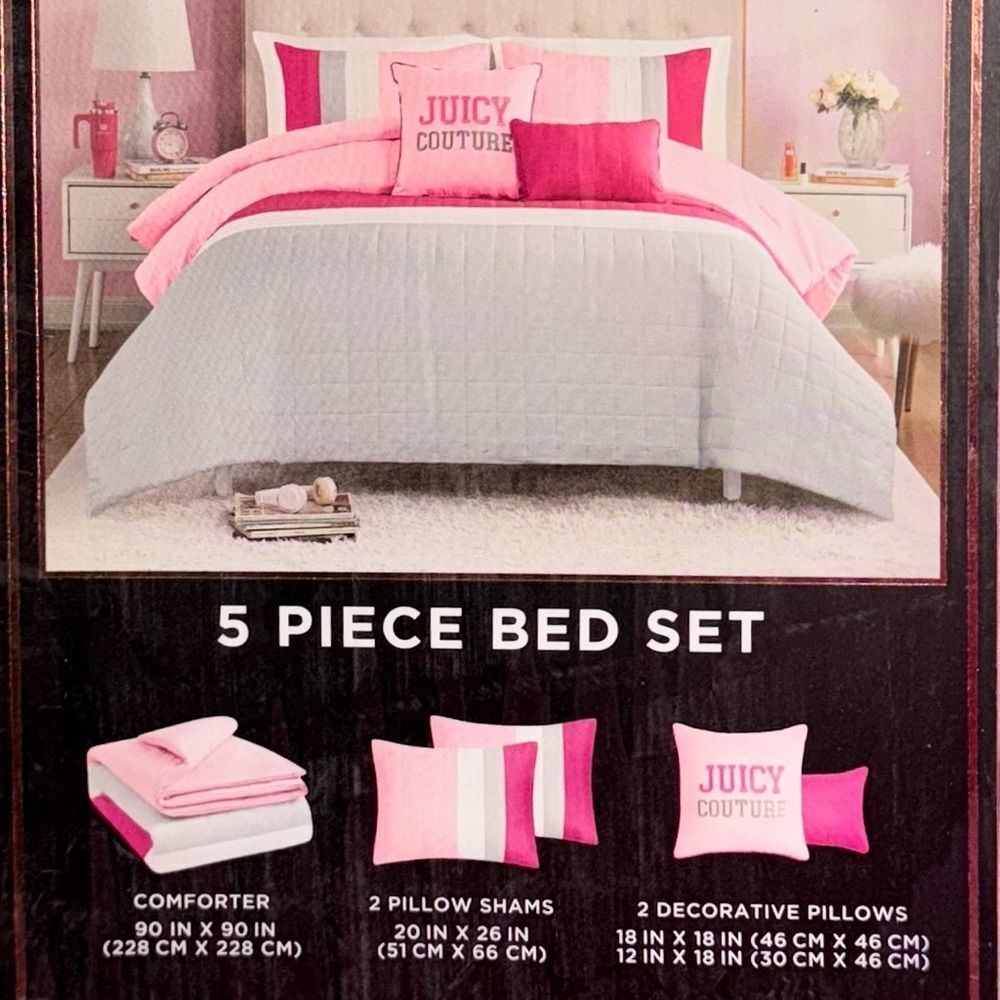**SOLD** Juicy Couture Home 5PC Pink Gray Color Block Striped Comforter Bed Set - Picture 9 of 16